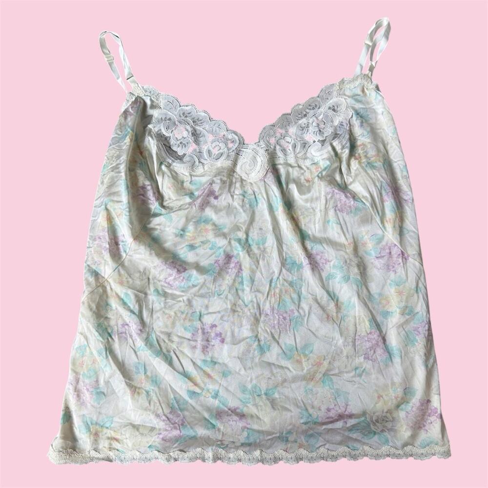 Vintage Pastel floral lace cami top with light purple, blue, and green flowers